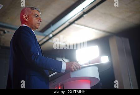 Mayor of London Sadiq Khan makes a policy announcement, during a speech at the Design District in Greenwich, London, as he campaigns to be re-elected as London mayor on May 2. Picture date: Thursday April 18, 2024. Stock Photo