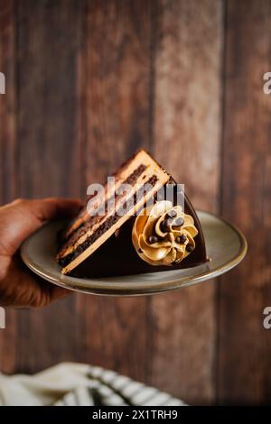 Slice of homemade Chocolate coffee crunch cake on dark wooden background, selective focus Stock Photo