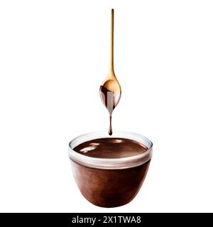 Watercolor wooden spoon with melted liquid chocolate brown glass bowl. Hand drawn realistic coffee illustration isolated on white background. For desi Stock Photo