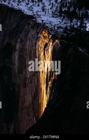 Sunset, Yosemite Firefall, nature, phenomenon, flowing fire, lava, natural phenomenon, waterfall, February, 2024, Horsetail Fall, El Capitan Stock Photo