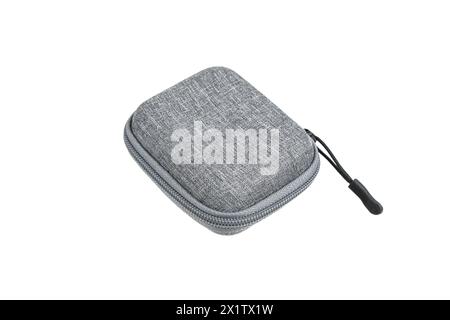 Protective hard case with a zipper and a gray fabric texture. Isolate on a white background. Stock Photo