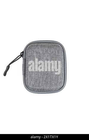 Protective hard case with a zipper and a gray fabric texture. Isolate on a white background. Stock Photo
