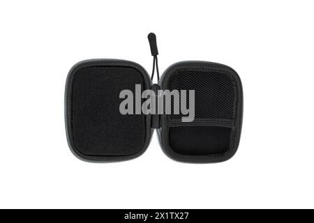 Protective hard case with a zipper and a gray fabric texture. Isolate on a white background. Stock Photo