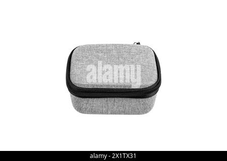Protective hard case with a zipper and a gray fabric texture. Isolate on a white background. Stock Photo