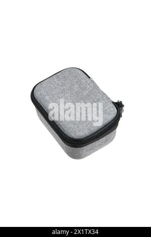 Protective hard case with a zipper and a gray fabric texture. Isolate on a white background. Stock Photo