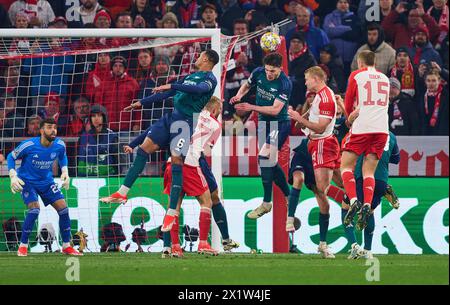 Matthijs de Ligt, FCB 4 Dayot Upamecano , FCB 2 Eric Dier, FCB 15  compete for the ball, tackling, duel, header, zweikampf, action, fight against Gabriel, Arsenal 6 Declan Rice, Arsenal 41  in the quarter final match   FC BAYERN MUENCHEN - FC ARSENAL LONDON 1-0 of football UEFA Champions League in season 2023/2024 in Munich, Apr 17, 2024.  Viertelfinale,, FCB, Muenchen Photographer: ddp images / star-images Stock Photo