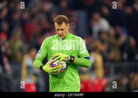Manuel NEUER, goalkeeper FCB 1  in the quarter final match   FC BAYERN MUENCHEN - FC ARSENAL LONDON 1-0 of football UEFA Champions League in season 2023/2024 in Munich, Apr 17, 2024.  Viertelfinale,, FCB, Muenchen Photographer: ddp images / star-images Stock Photo