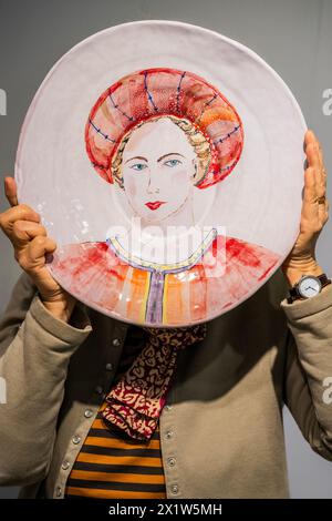 London, UK. 18th Apr, 2024. Agalis Manessi with her work - Ceramic Art London - Over 110 makers from all over the world exhibit at the fair which celebrates its 20 years with a move to the larger venue of Olympia in West London. Credit: Guy Bell/Alamy Live News Stock Photo