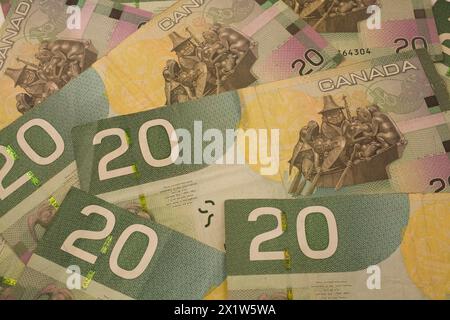 Close-up of reverse side of green, yellow, white, brown and pink Canadian Bank of Canada twenty dollar bills, Studio Composition, Quebec, Canada Stock Photo