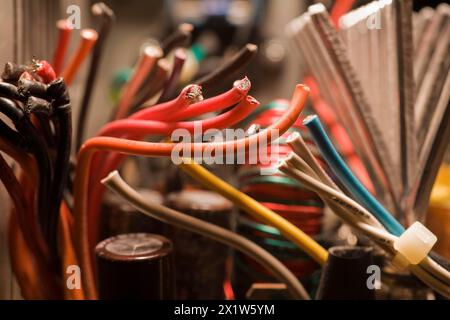 Close-up of cut black, red, yellow, blue and white flexible insulated electrical copper wires, Studio Composition, Quebec, Canada Stock Photo