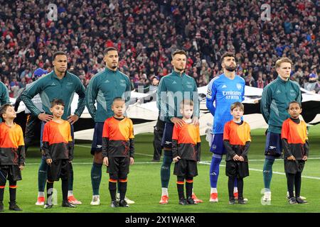 Munich, Germany . 17th Apr, 2023. MUENCHEN, Germany, 17. APRIL 2024; #22 David Raya Keeper of Arsenal, #2 William Saliba, #4 Ben White, #6 Gabriel Magalhaes, #7 Bukaya Saka, #8 Martin Ödegaard, #11 Gabriel Martinelli, #18 Takehiro Tomiyasu, #20 Jorginho, #29 Kai Havertz, #41 Declan Rice - lin up of ARSENAL FC before the UEFA Champions League Quarter-Final (2nd leg) football match between Bayern Munich and Arsenal FC at the Allianz Arena Stadium in Munich, Germany (Arthur THILL/ATP Images) (THILL Arthur/ATP/SPP) Credit: SPP Sport Press Photo. /Alamy Live News Stock Photo