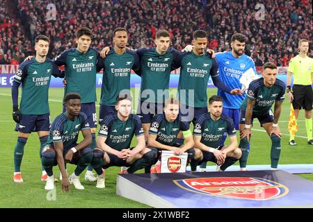 Munich, Germany . 17th Apr, 2023. MUENCHEN, Germany, 17. APRIL 2024; #22 David Raya Keeper of Arsenal, #2 William Saliba, #4 Ben White, #6 Gabriel Magalhaes, #7 Bukaya Saka, #8 Martin Ödegaard, #11 Gabriel Martinelli, #18 Takehiro Tomiyasu, #20 Jorginho, #29 Kai Havertz, #41 Declan Rice - lin up of ARSENAL FC before the UEFA Champions League Quarter-Final (2nd leg) football match between Bayern Munich and Arsenal FC at the Allianz Arena Stadium in Munich, Germany (Arthur THILL/ATP Images) (THILL Arthur/ATP/SPP) Credit: SPP Sport Press Photo. /Alamy Live News Stock Photo