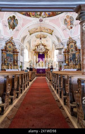 Baroque church with ornate altar and ceiling paintings, Bad Reichenhall, Bavaria, Germany Stock Photo