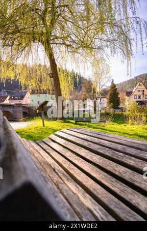 A wooden bench under a willow tree with a view of a quiet village in spring, Spring, Calw, Black Forest, Germany Stock Photo