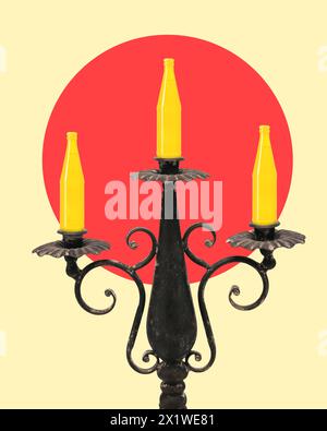 Poster. Contemporary art collage. Candelabra holding three yellow candles, as three red beer bottles placed beside on reflective surface. Stock Photo