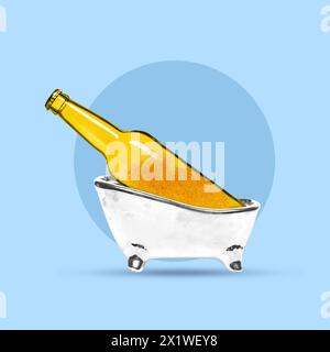 Poster. Contemporary art collage. Bottle of cold beer sitting on the edge of white bathtub against abstract blue background. Stock Photo