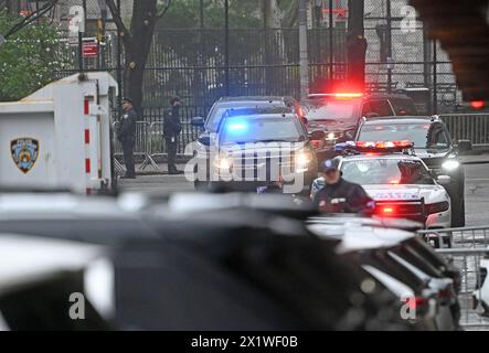 New York, United States. 17th Apr, 2024. The motorcade carrying former United States President Donald Trump arrives at Manhattan criminal court on Thursday, April 18, 2024, in New York. Jury selection continued today in his criminal hush money trial accused of falsifying business records to hide his affair with adult film actress Stormy Daniels. Photo by Louis Lanzano/UPI Credit: UPI/Alamy Live News Stock Photo