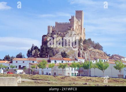 Castle and village. Almansa, Albacete province, Castilla La Mancha, Spain. Stock Photo