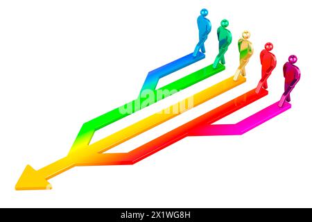 Synergy arrow with stick figures. Collaboration synergy work together. Joint alliance and merger, team and partnership, 3D rendering isolated on white Stock Photo