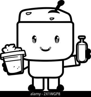 Vector illustration of a cute cartoon robot character holding a bottle of hand sanitizer. Stock Vector