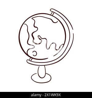 Globe on stand for desk in line art style. Outline educational school equipment. Illustration on a white background. Stock Vector