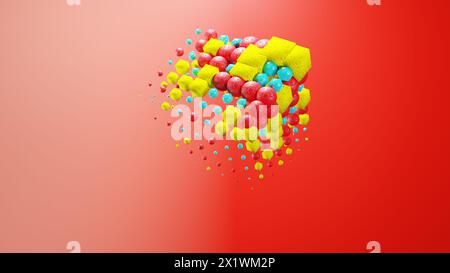 Vivid balls float in the air on a red backdrop, creating a colorful event Stock Photo