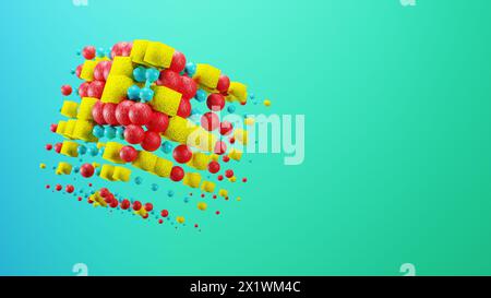 Colorful balls float in electric blue sky on plastic art backdrop Stock Photo