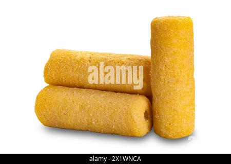 Crispy homemade roller corn snack isolated on white background with clipping path. Stock Photo