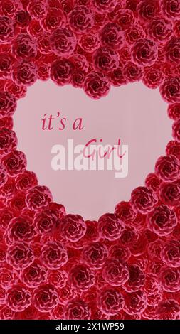 Its a girl text isolated on heart shaped pink roses vertical background 8k illustration. Stock Photo