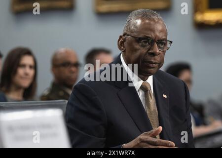 Washington, United States Of America. 17th Apr, 2024. Washington, United States of America. 17 April, 2024. U.S. Secretary of Defense Lloyd Austin III responds to a question during testimony at the House Appropriations Subcommittee on Defense 2025 Budget hearings at the Rayburn House Office Building, April 17, 2024 in Washington, DC Austin was joined by Joint Chiefs Chairman CQ Brown Jr., and Under Secretary of Defense/Chief Financial Officer Michael J. McCord. Credit: Chad McNeeley/DOD/Alamy Live News Stock Photo