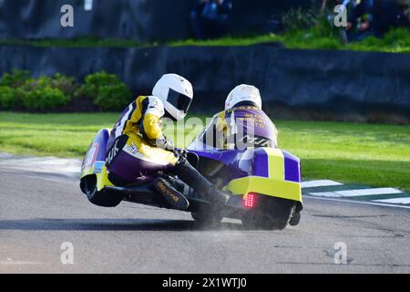 On two wheels coming out of the chicane, Sean Hegarty, James Neave, Baker-Suzuki, First time at Goodwood a Sidecar Shoot-Out, World Championship Sidec Stock Photo