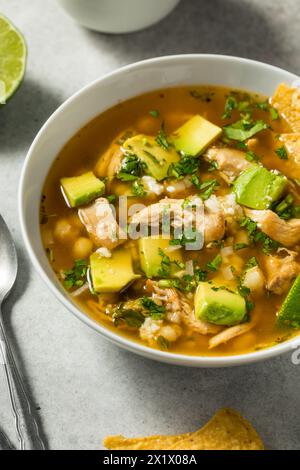Homemade Mexican Chicken Pozole Soup with Tortilla Chips Stock Photo