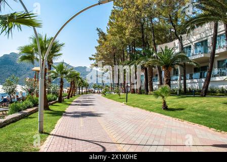 Seaside promenade in a resort town, lined with palm trees and pine trees, overlooking the calm sea against the backdrop of distant hills Stock Photo