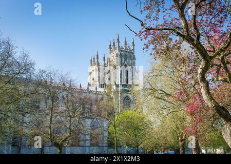 York Minster's west bell towers from the Dean's Court garden in springtime Stock Photo