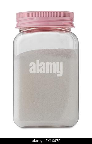 White caster sugar in glass jar with pink cap isolated on white with clipping path included Stock Photo