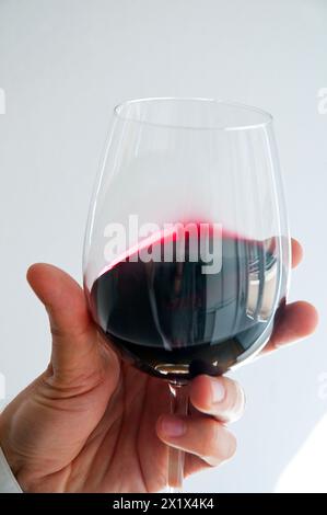 Man's hand holding a glass of red wine. Close view. Stock Photo
