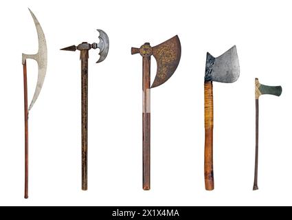 Old ancient axe set, battle axes, isolated on white background Stock Photo