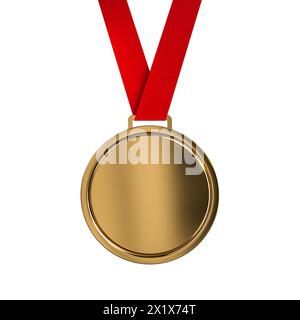 Realistic bronze medal with a red ribbon, 3d render. Stock Photo