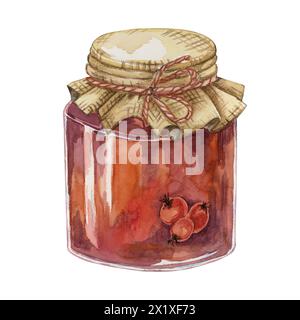 Rose hip jam in glass jar with canvas burlap fabric lid and twine rope bow. Rosehip berry breakfast jelly watercolor illustration for printing, food packaging, labels, cards, stickers, scrapbooking Stock Photo