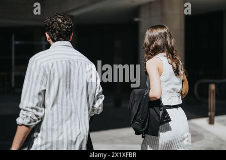 Cross-generational business colleagues walking in urban area discussing work strategies Stock Photo