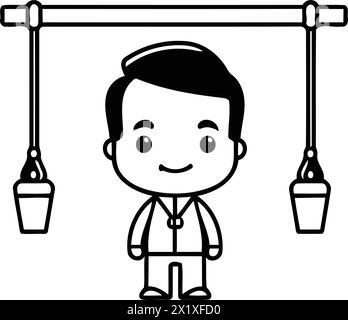 Cute cartoon boy hanging lanterns on a rope. Vector illustration. Stock Vector