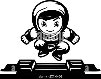 Cute little boy in astronaut costume running on the runway. Vector illustration. Stock Vector