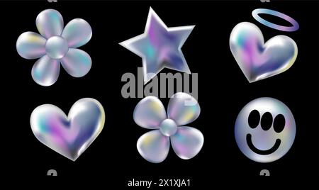 3d holographic retro 90 stickers set. Chrome Hearts, Stars, Daisy Flowers, Smile in Y2K style isolated on black. Future galaxy aesthetic, 3D chrome bubble art. Metal glossy sticker set. Stock Vector