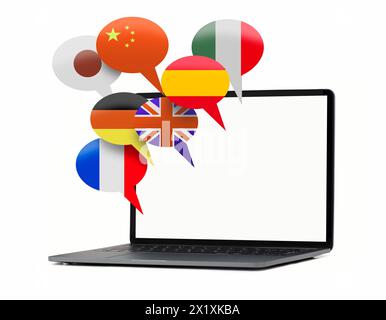 Laptop with bubble speech flags.  Learning languages online, translate concept. Isolated white background Stock Photo