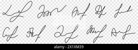 Set of fake hand written autograph. Different example signatures isolated on transparent background Stock Vector