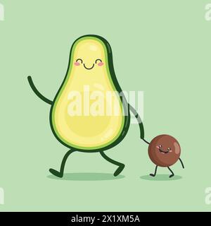 Cute cartoon character Avocado lead the baby seed by the hand. Flat style. Vector illustration Stock Vector