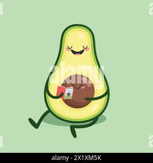 Cute cartoon character Avocado reading a book to the baby seed. Flat style. Vector illustration Stock Vector