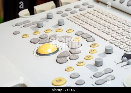 A detailed view of a professional modern ultrasound machines control panel, detail closeup shot, no people. Ultrasound clinic medical equipment simple Stock Photo