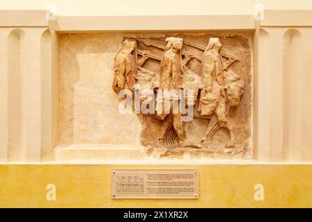 Metopes of poros stone from the treasury of Sikyonians in the Archeological Museum of Delphi , Museum of Delphi, Delphi, Greece. Stock Photo