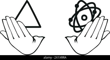 two open hands, each holding a different symbol - a triangle representing faith on the left and an atom representing science on the right, signifying Stock Vector